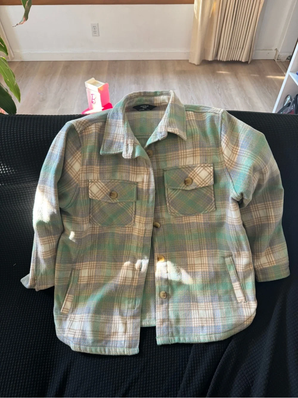 Kids Plaid Button-Front Jacket in Pastel Green and Cream